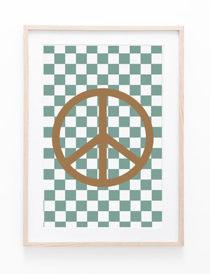 Sage Green Checkers & Brown Peace Symbol